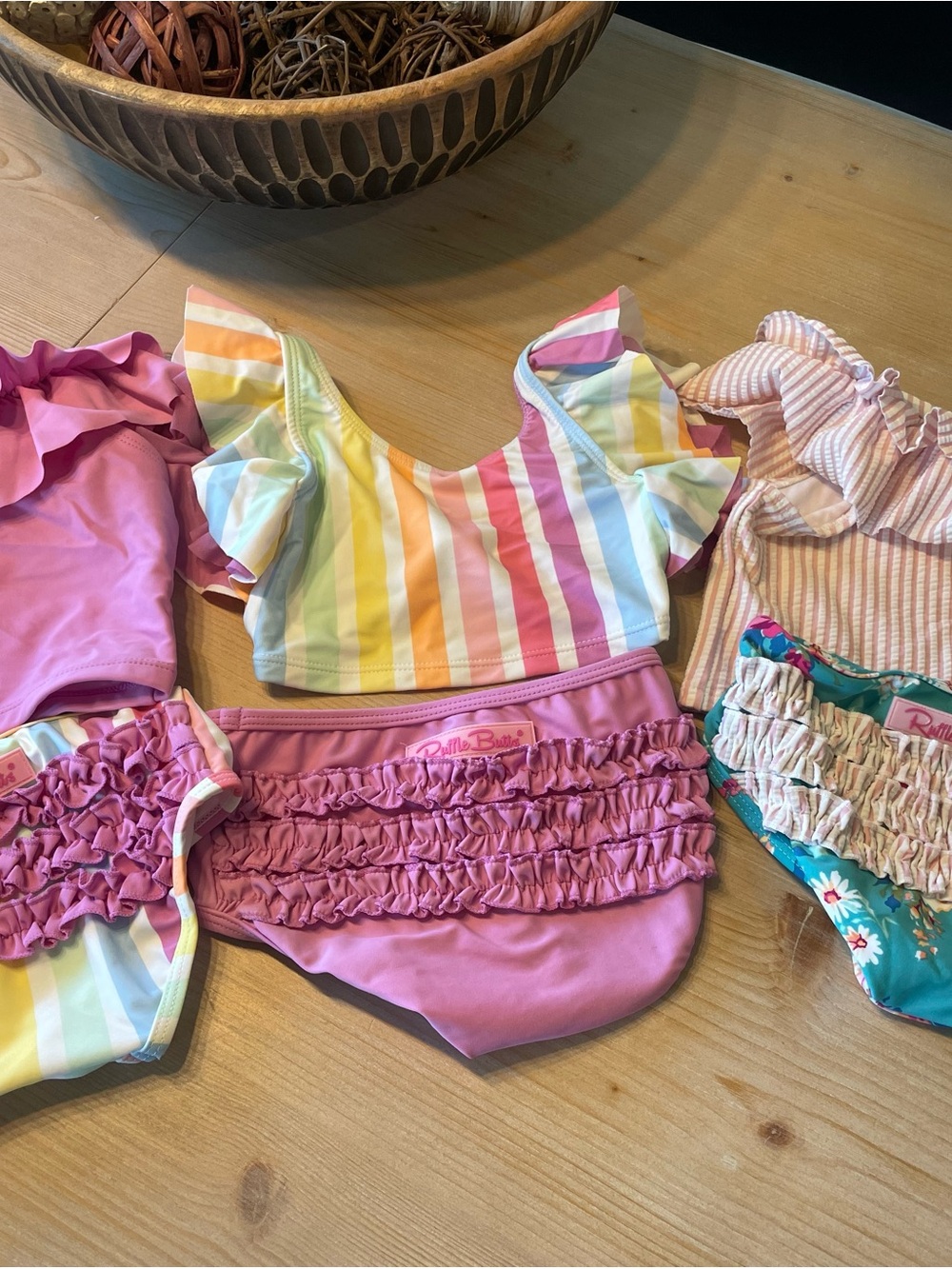 Ruffle Butts Pastel Rainbow Stripe Ruffle Two-Piece Swim Set - Pink & Multi